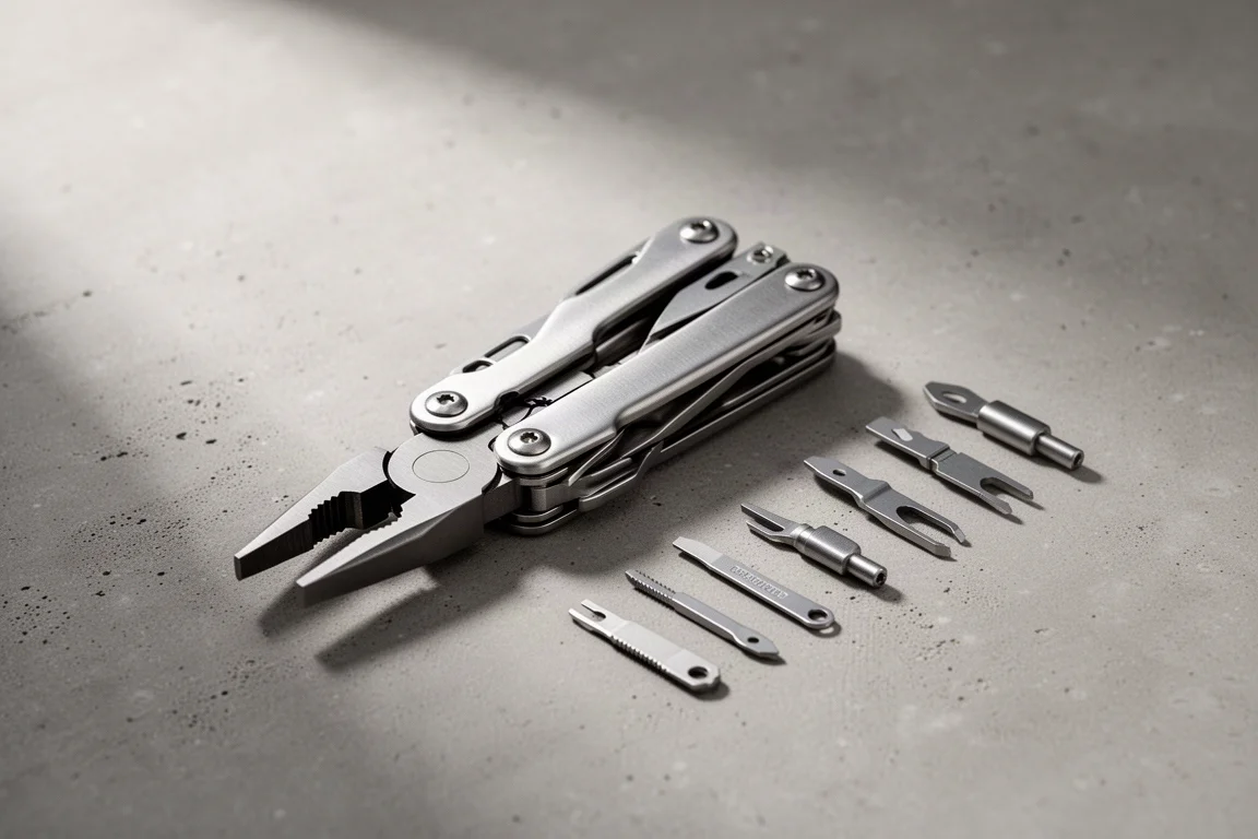 Closed modular multitool with interchangeable implements arranged beside it on concrete