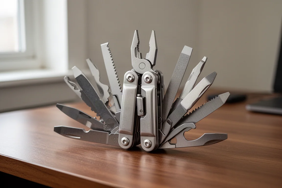 Modular multitool fanned open with the locking switch disengaged on a desk