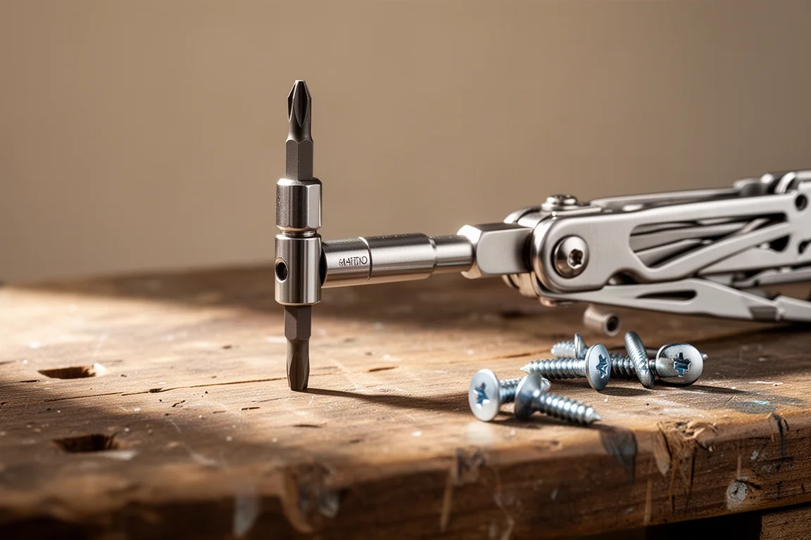 Multitool bit driver holding a long double-sided bit above wooden workbench