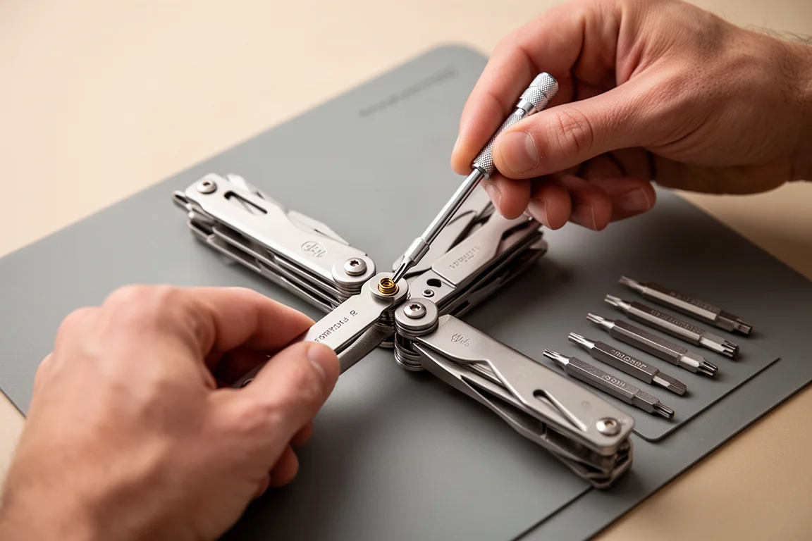 Hands adjusting multitool pivot with a small Torx wrench