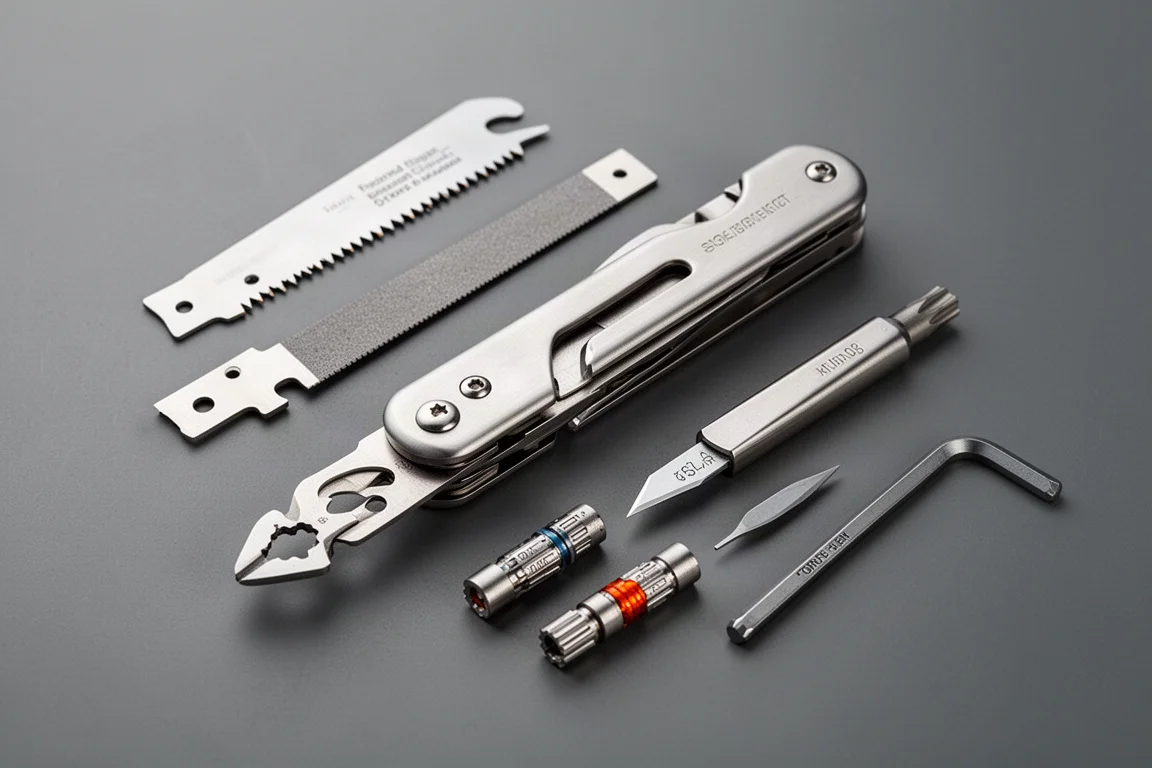 Multitool with interchangeable inserts and spare wire cutters laid out on a table