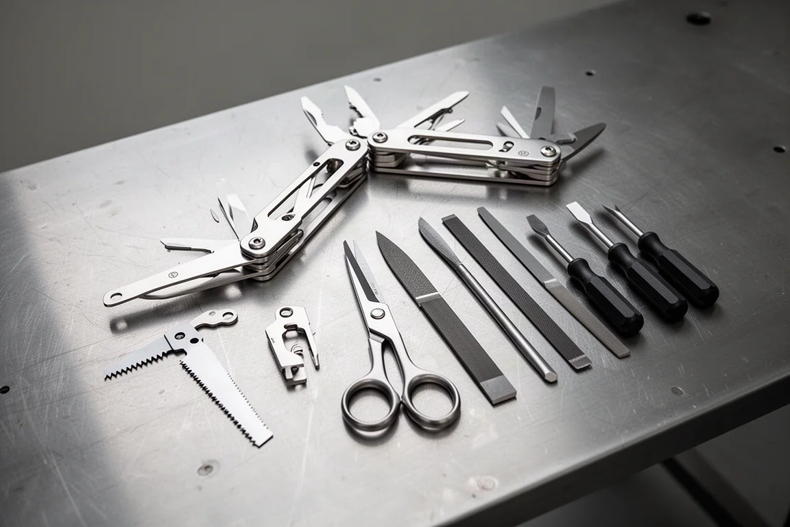 Châssis de multitool ouvert sur un établi avec des outils détachés disposés à côté