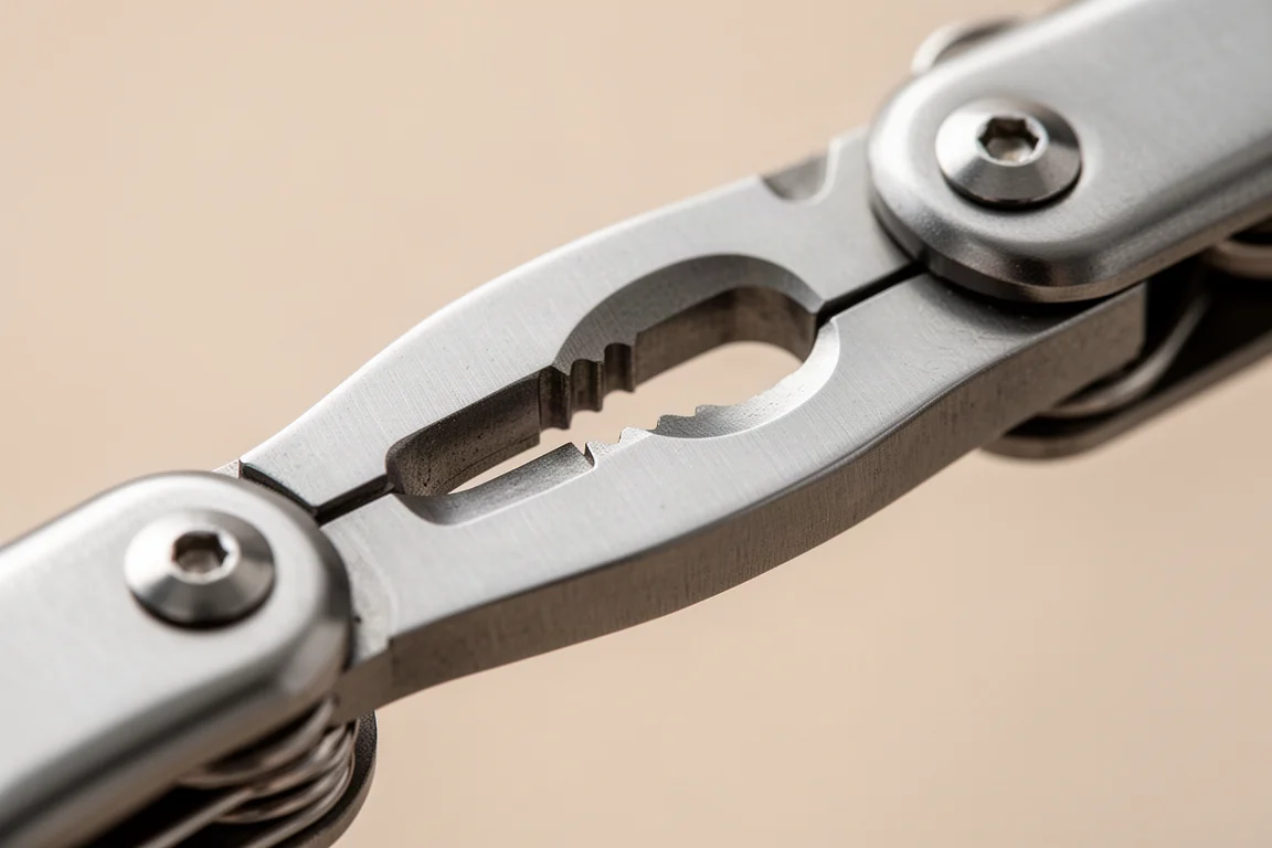 Gros plan sur la tête de pince à ressort avec cutters remplaçables sur un multitool