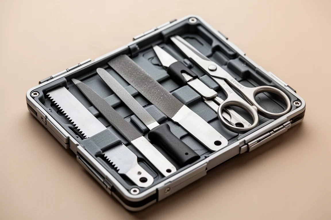 Multitool modulaire entièrement chargé avec quatre outils longs dans ses emplacements