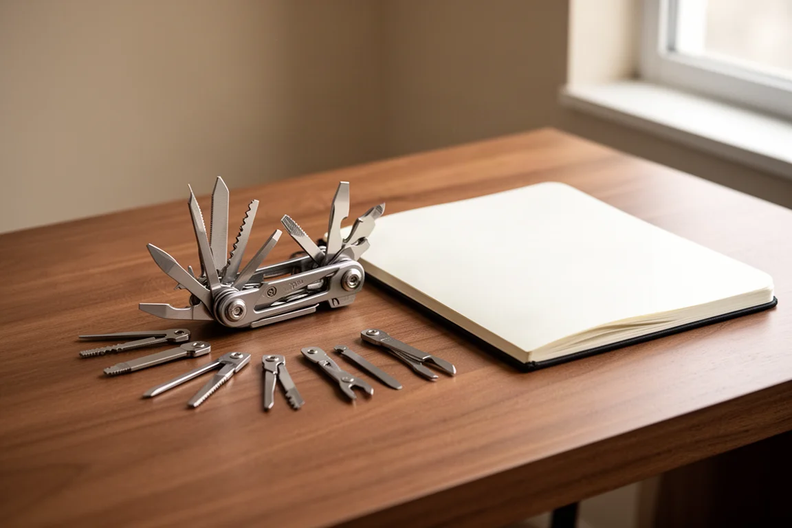 Outils de multitool et petites pièces disposés sur un bureau en bois à côté d'un carnet
