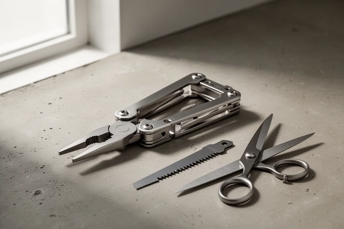 Stainless steel modular multitool frame with loose implements on a concrete surface