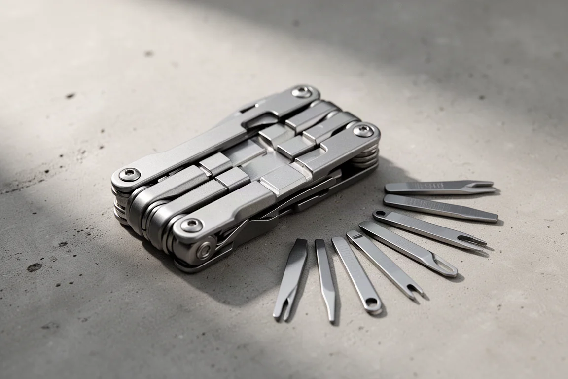 Modular multi-tool opened on a desk showing its interchangeable slots