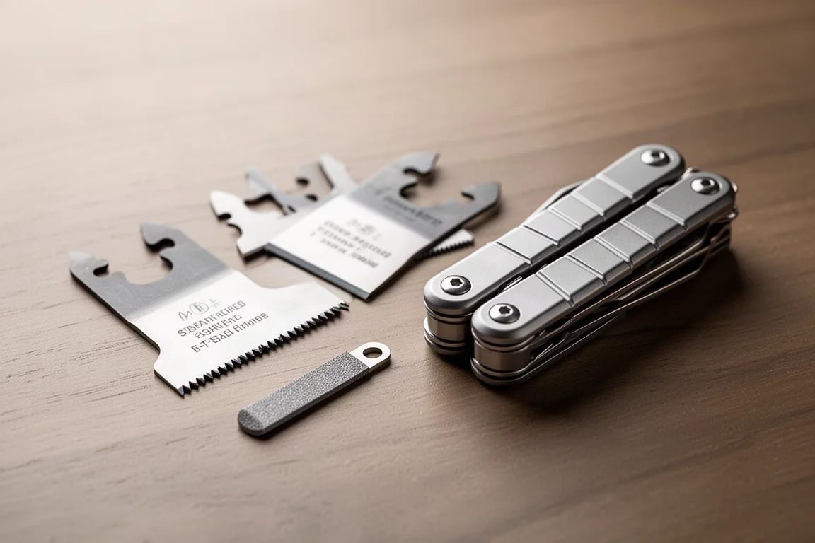 T-shank saw blade and small file inserts beside a folding multi-tool