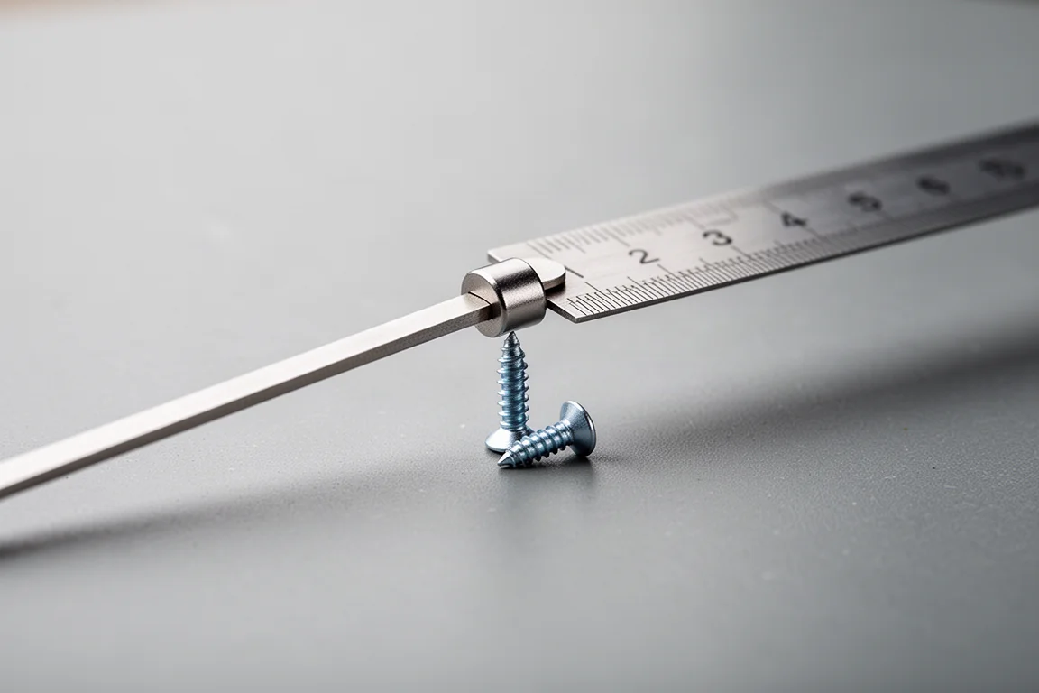 Small magnetic tool tip picking up a loose screw from a workbench