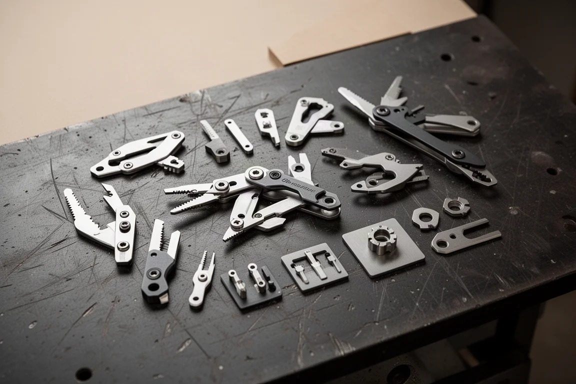 Multi-tool components laid out flat on a workshop bench