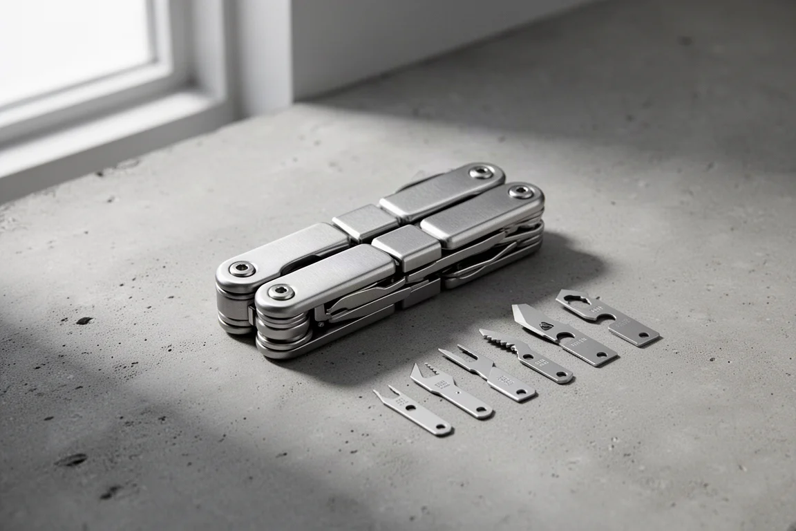 Modular stainless multi-tool opened on concrete with small implements beside it