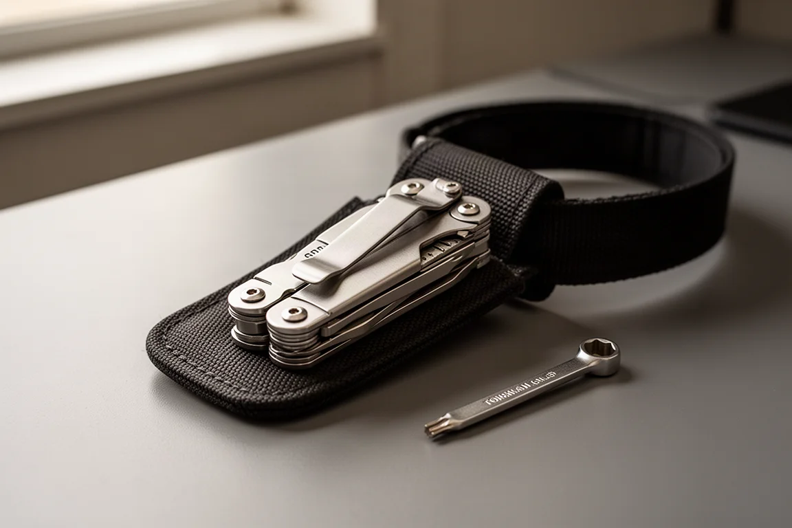 Un multi-outil avec clip de poche rangé dans un étui de ceinture sur un bureau