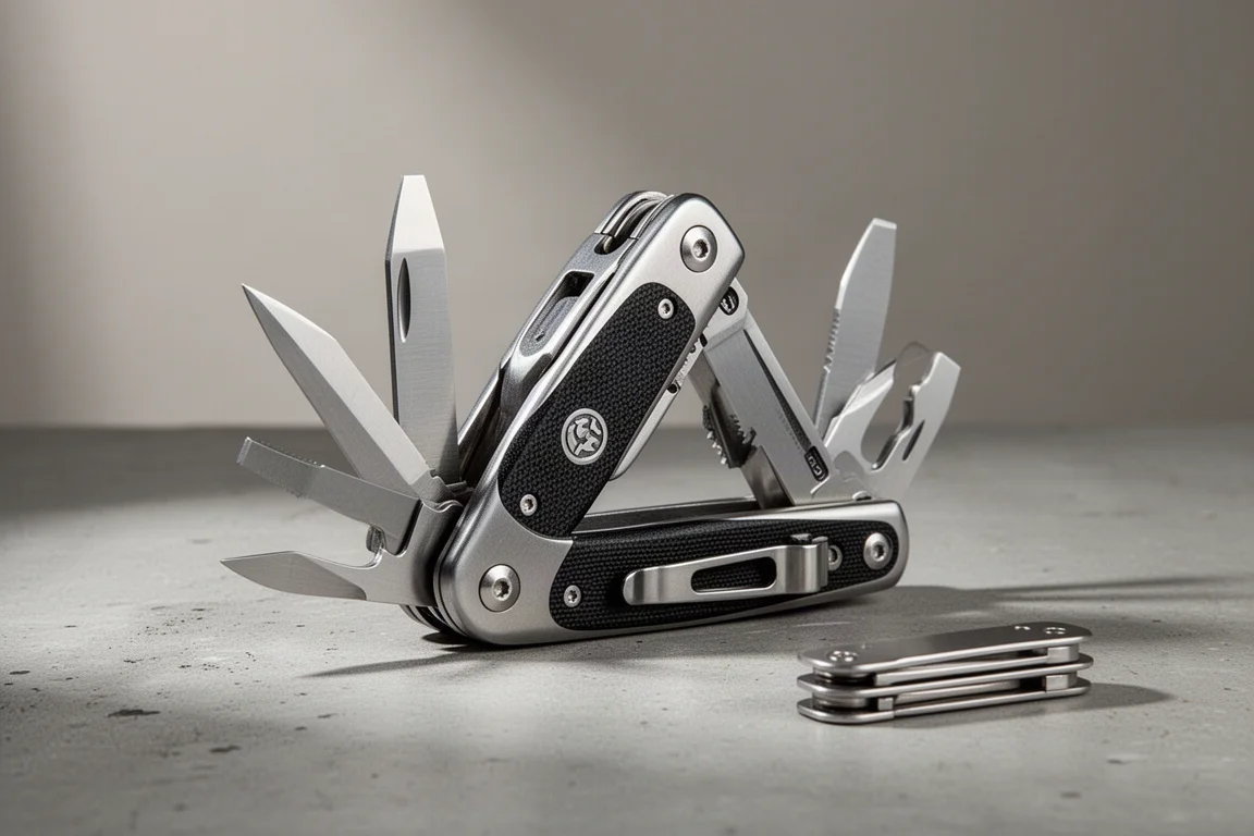 Multi-tool Roxon Flex Titan con placche in G10 parzialmente aperto sul cemento