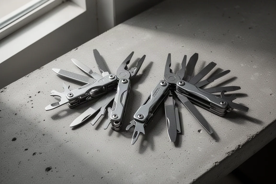 Two modular multitools lying open on a concrete workbench