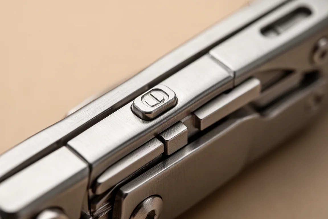 Close-up of a multitool lock button and sliding implement tabs