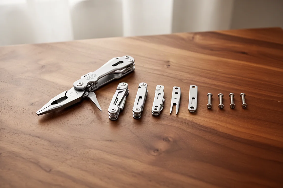 Modular multitool components laid out on a table after disassembly