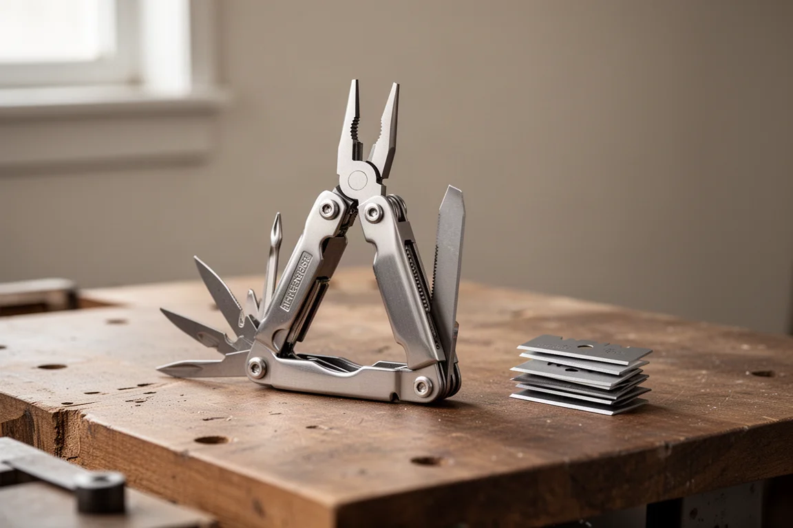 Multi-tool held open with pliers extended on a wooden workbench