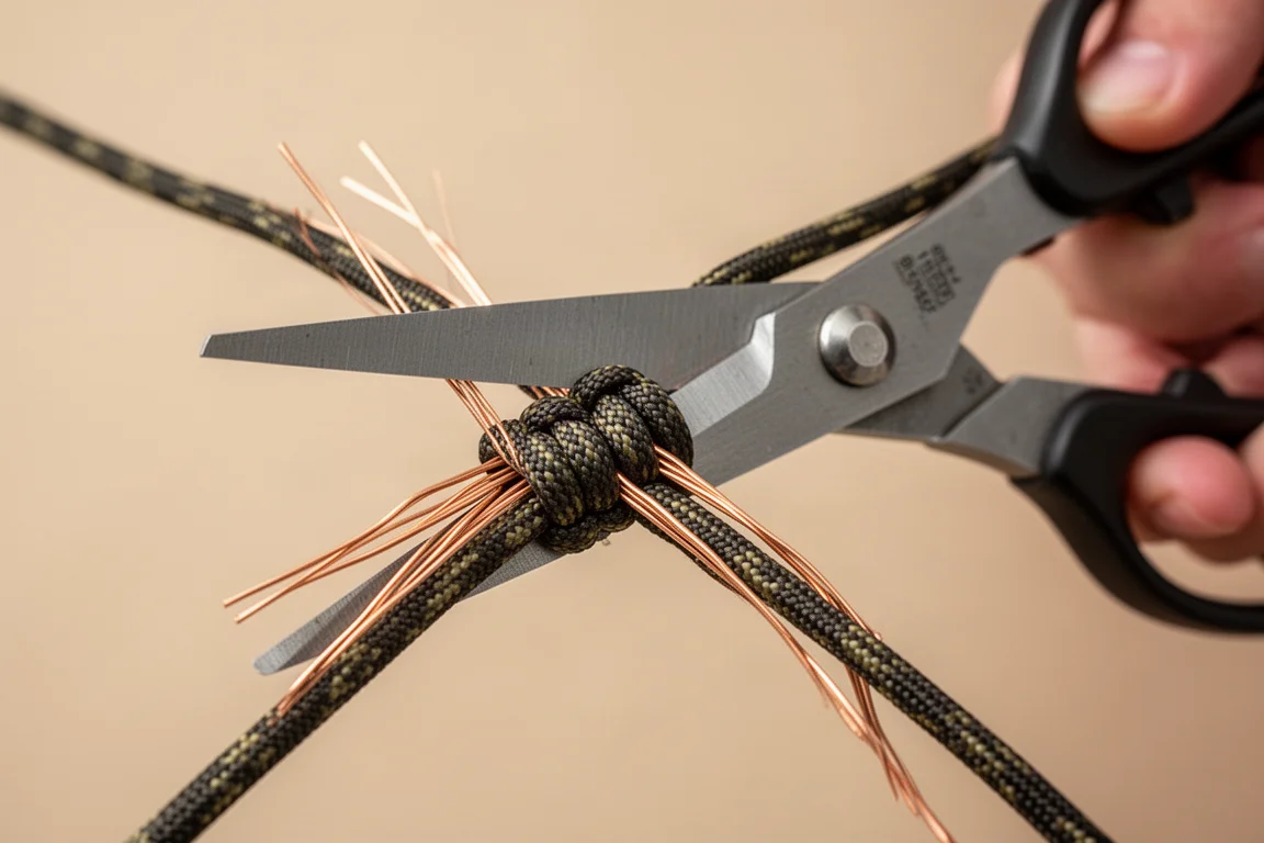 Multi-tool scissors cutting through tough paracord with copper wire strands