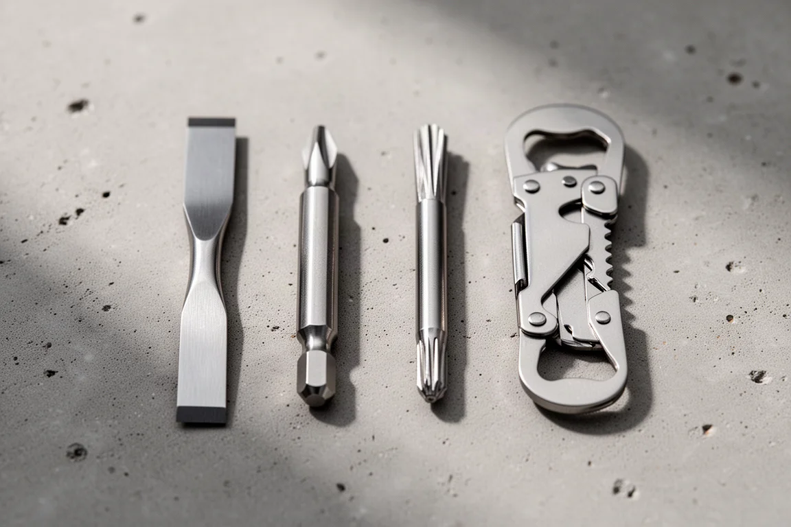 Close-up of a multi-tool's compact implements fanned out including chisel and reamer