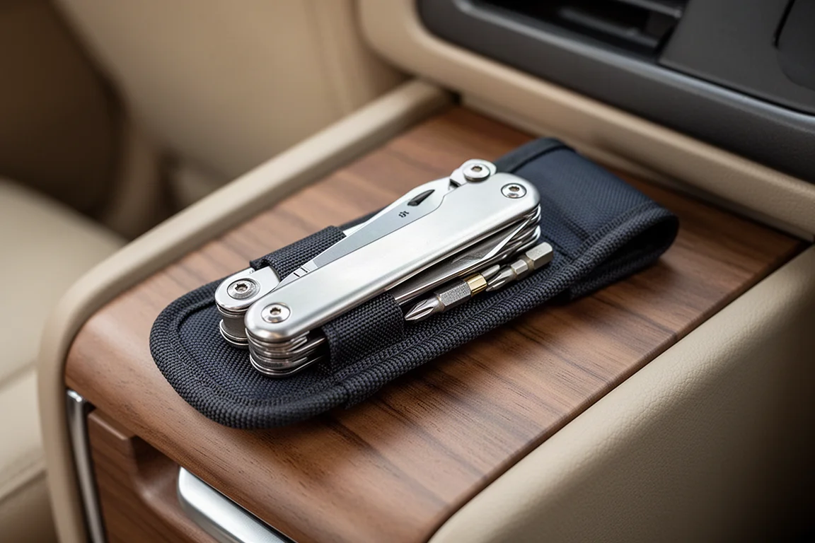 Multi-tool and accessories packed neatly inside a horizontal-carry nylon sheath