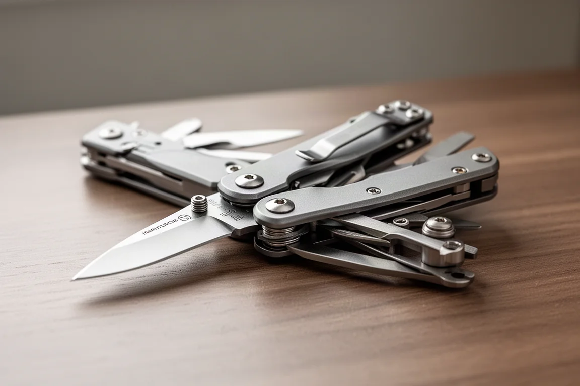 Folding multi-tool opened on a desk showing its liner lock and blade