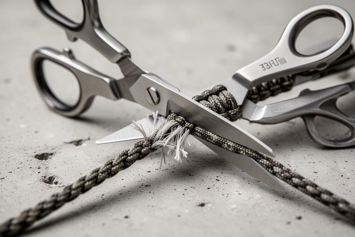 Heavy-duty multi-tool scissors cutting through paracord