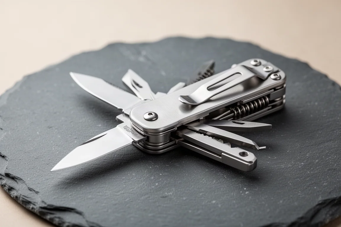Leatherman FREE T4 multi-tool with pocket clip on a table