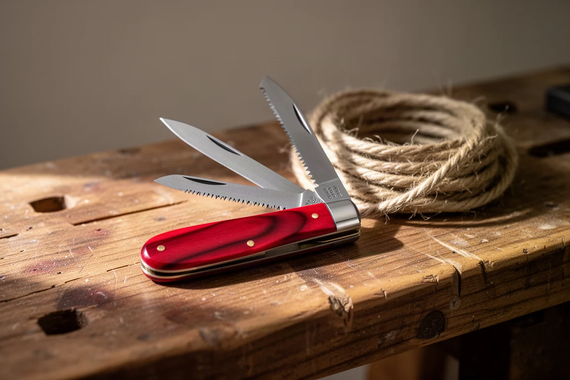 Swiss-style pocket knife with red scales open on a wooden table