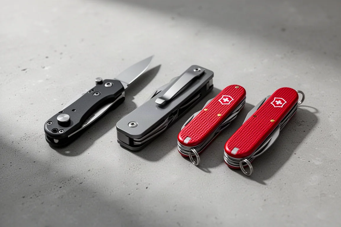 Four folding multi-tools including a black pocket knife and red Swiss-style knives on concrete