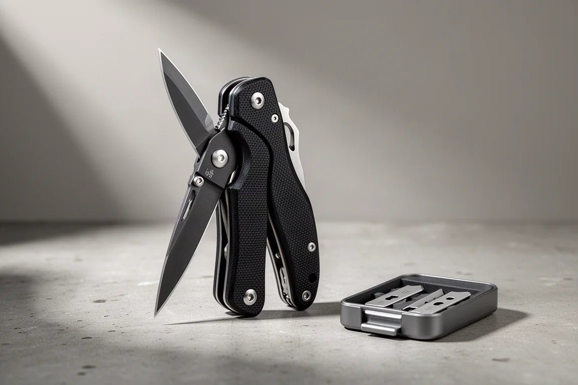 Compact two-in-one multi-tool with black G10 handle beside a magnetic blade case