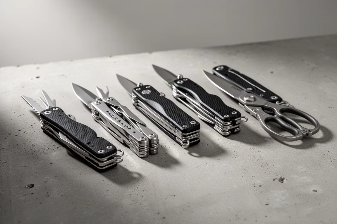 Five folding multi-tools and pocket knives lined up on a concrete surface
