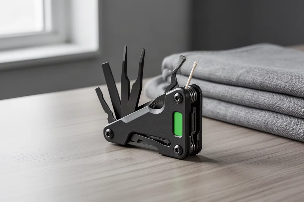 Multi-tool EDC modulare e compatto con attrezzi corti su una scrivania in legno