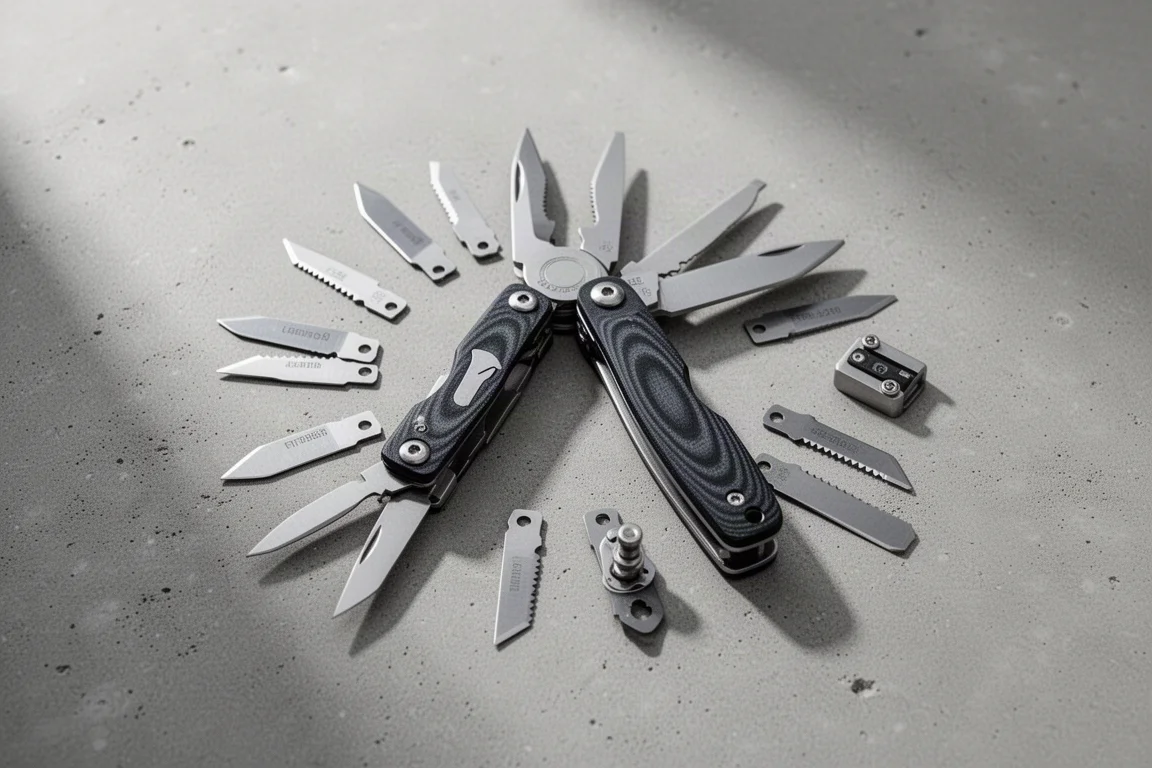 Modular multi-tool laid open with spare blades and small implements arranged nearby