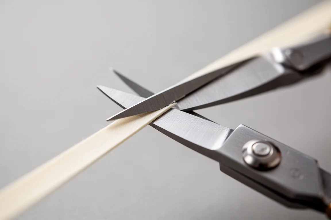Close-up of precision scissors tips cutting a thin strip of material