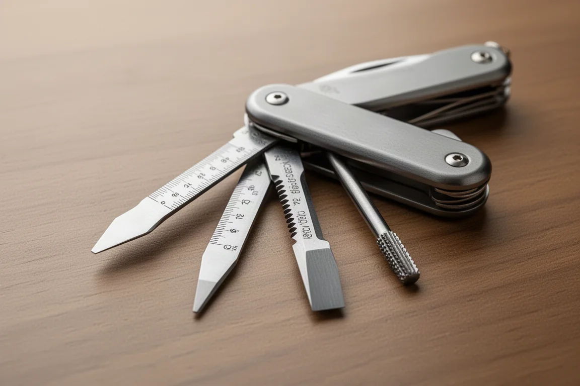 Small flathead, chisel, and reamer implements fanned out from a multi-tool handle