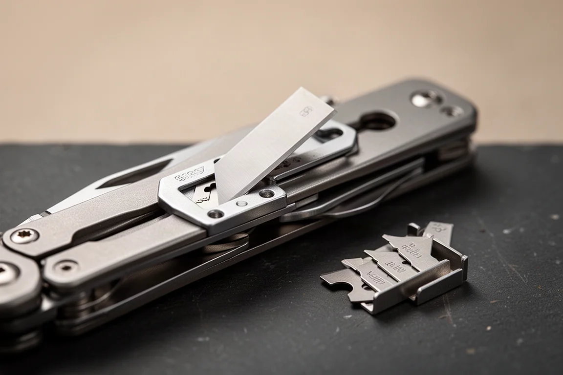 Utility knife blade being swapped into a folding multi-tool blade carrier