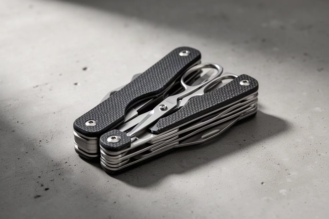 Multi-tool modulare compatto con impugnature in G10 aperto a mostrare forbici di precisione