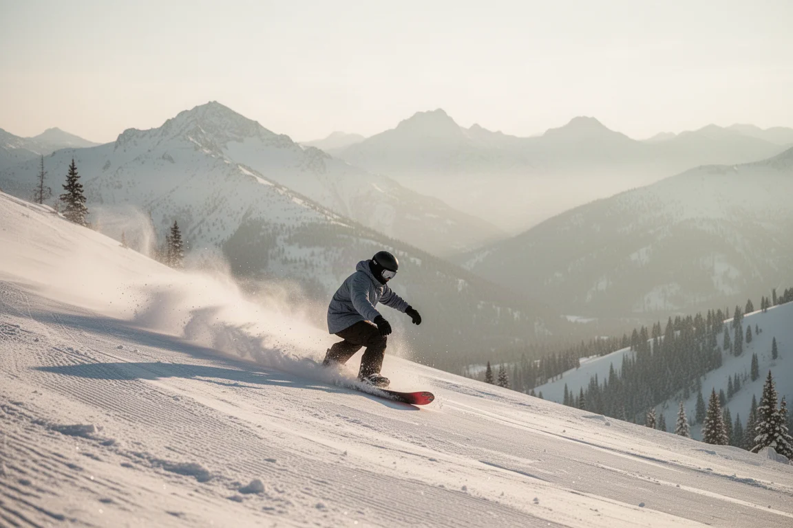 Snowboarder carving down a groomed mountain slope in soft morning light
