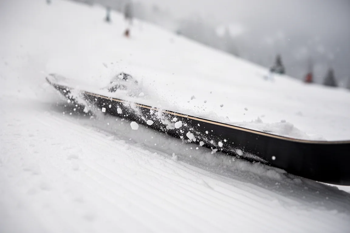 Close-up of a snowboard edge biting into packed snow mid-turn