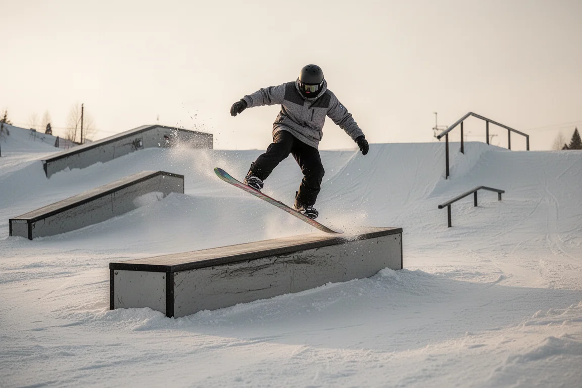 Snowboarder riding through a terrain park feature at dusk