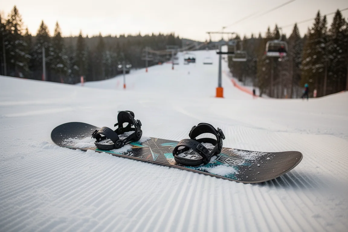 Snowboard resting on snow with a mountain resort landscape behind