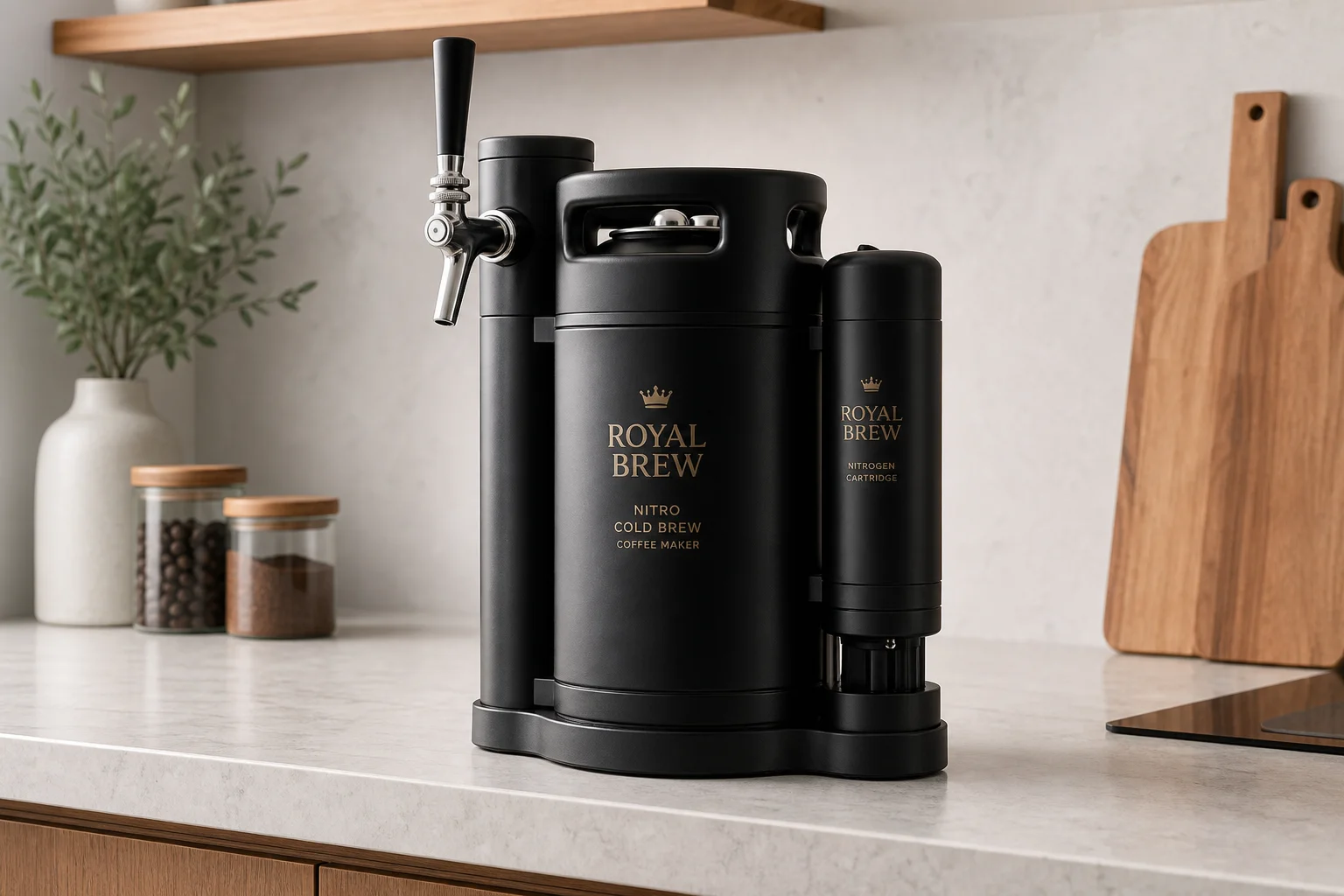 放置在廚房檯面上的 Royal Brew Nitro Cold Brew Coffee Maker，可見水龍頭與塔式結構