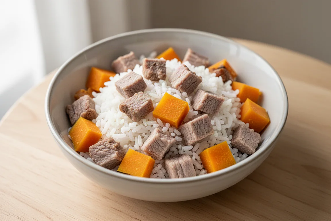 Close-up of a bowl of fresh dog food with rice, pork, and squash pieces