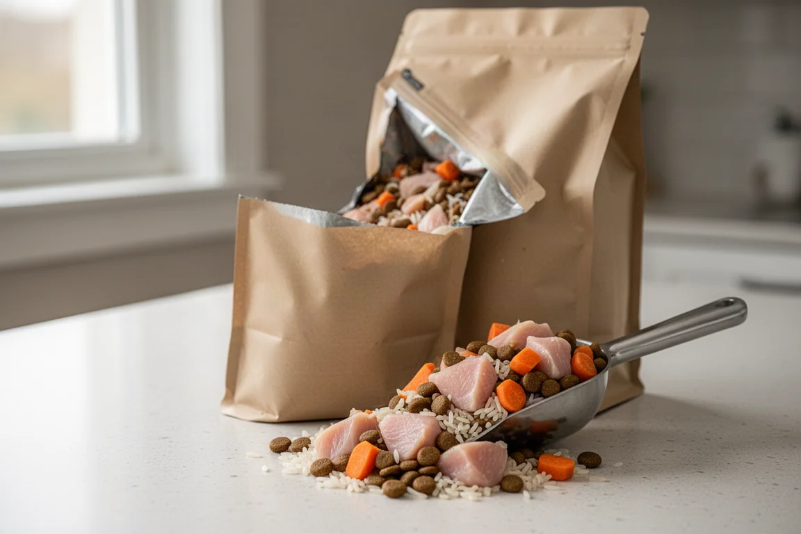 Open bag of human-grade dog food with whole food ingredients visible