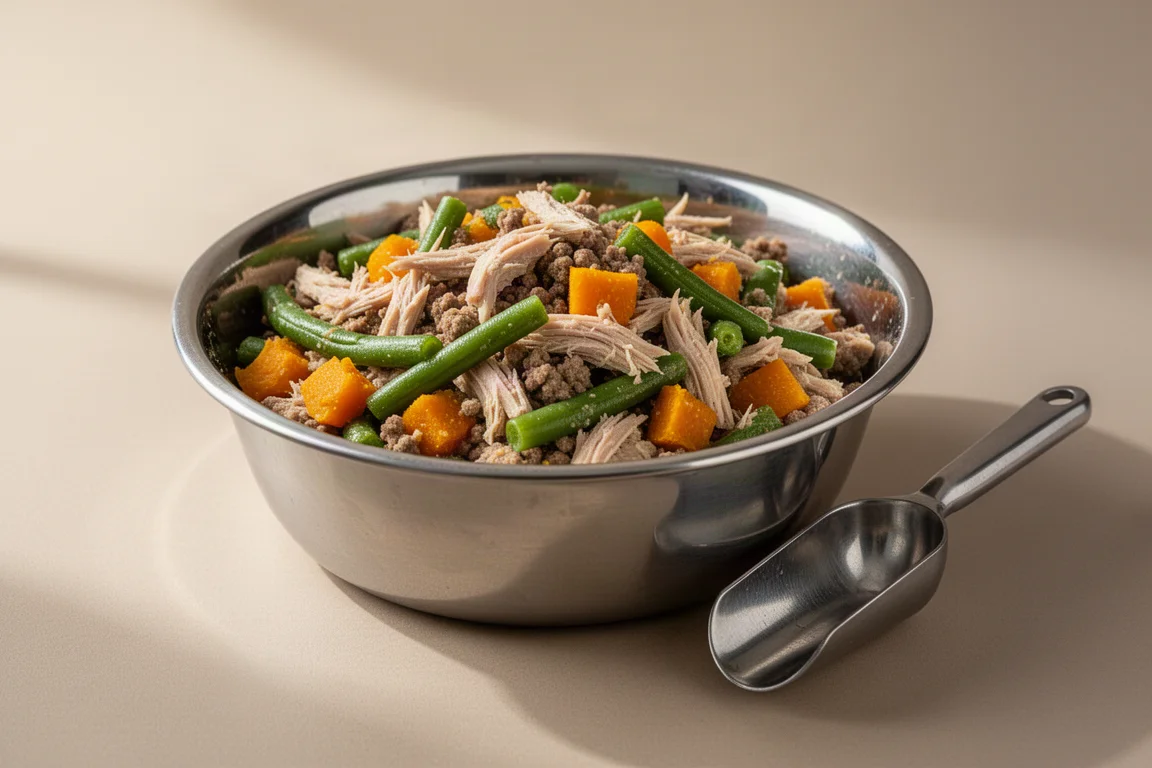 Scoop of gently cooked dog food with turkey and vegetables in a stainless steel bowl