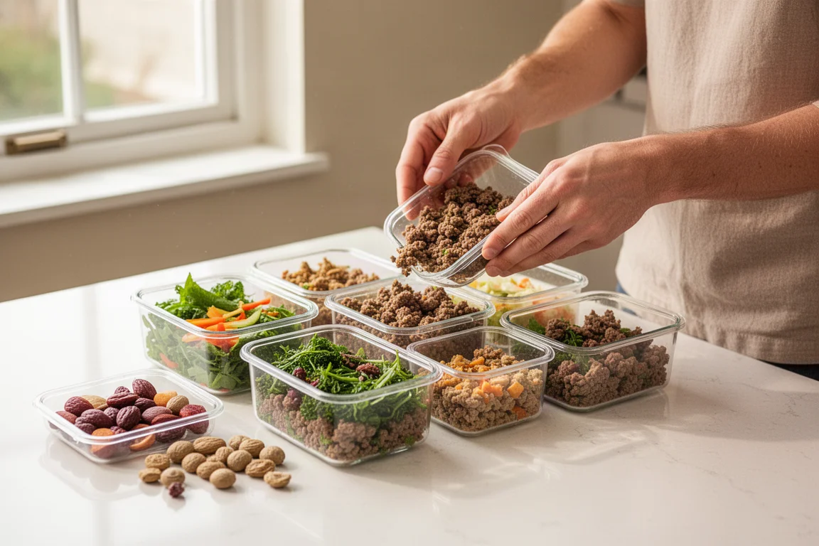 Pet parent preparing fresh dog food portions in a bright kitchen
