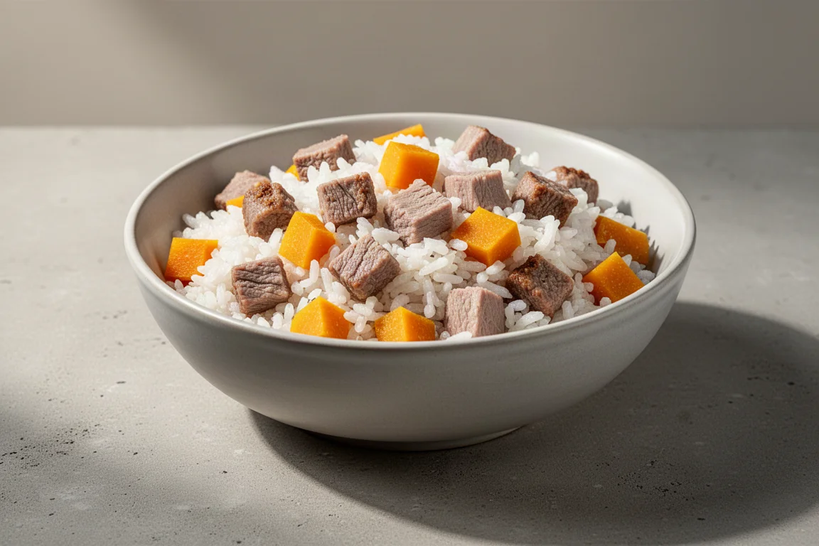 Three bowls of fresh dog food with different recipes on a wooden surface