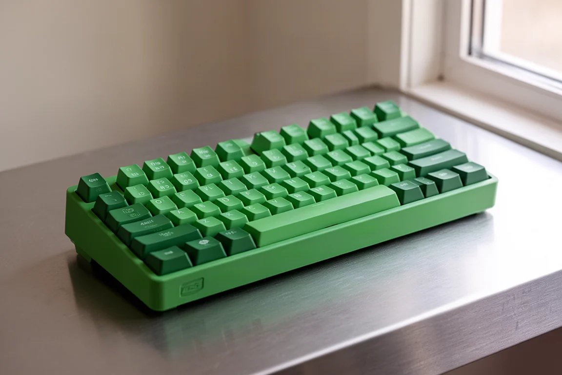 コンクリートのテーブルに、さまざまなサイズと素材のゲーミングキーボードが並んでいる様子