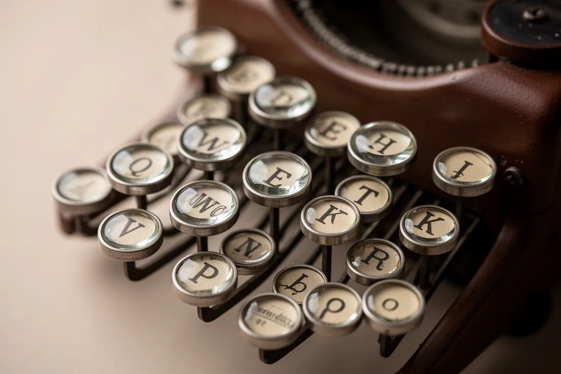Close-up of round glass typewriter keys rimmed in metal, showing dark lettering