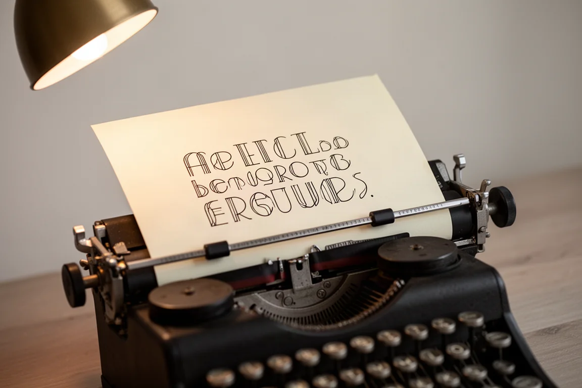 Typed page with stylized Art Deco sans serif lettering emerging from a typewriter carriage